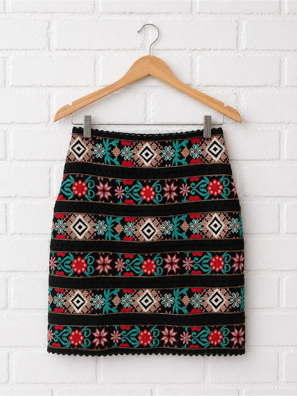 Costarellos Embroidered Black Mini Skirt with Multicolor Geometric Pattern
